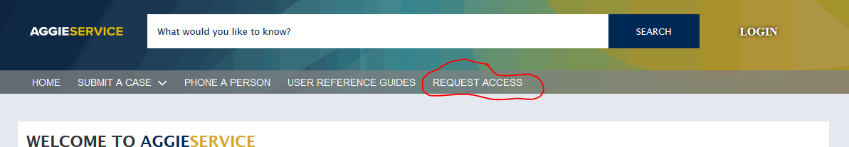 Screenshot of how to request for an employee to have access to AggieService department cases